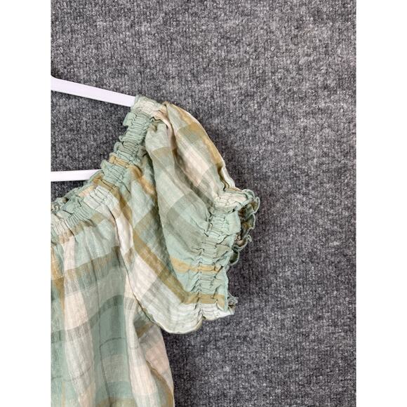 American Eagle Green Plaid Cotton Off Shoulder Puff Sleeve Crop Top Size S/P/CH - Picture 2 of 13